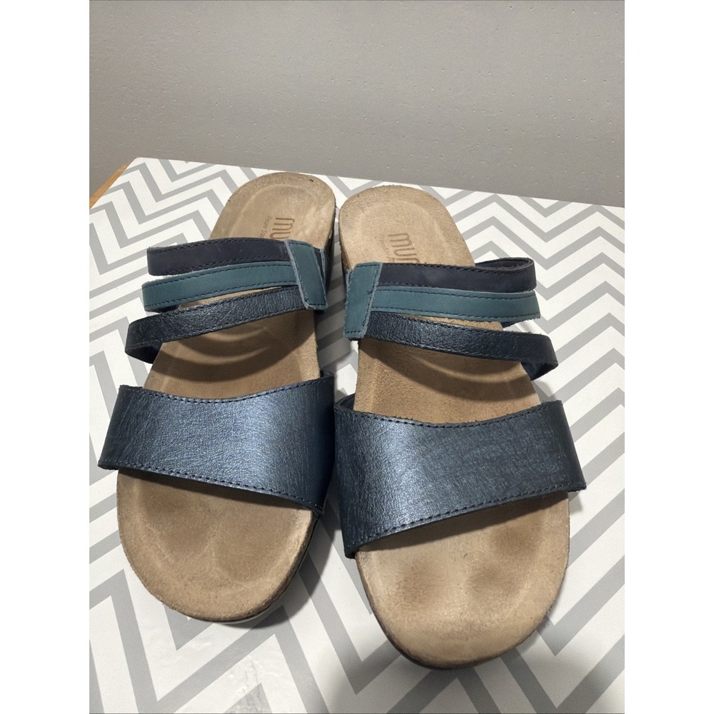 Munro Peyton Strappy Leather Wedge Slide Sandals Sz US 6.5 Blue Multicolor